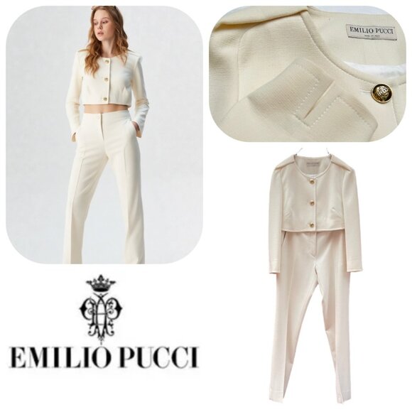 Emilio Pucci Crop Alabaster Silk Wool blend 2 Piec suit - Picture 1 of 17